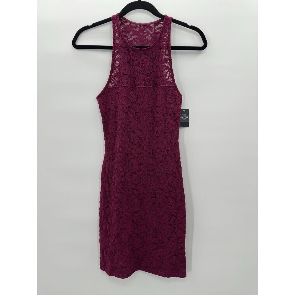 Hollister‎ Womens Burgundy Floral Lace High Neck Bodycon Mini Dress XS NEW